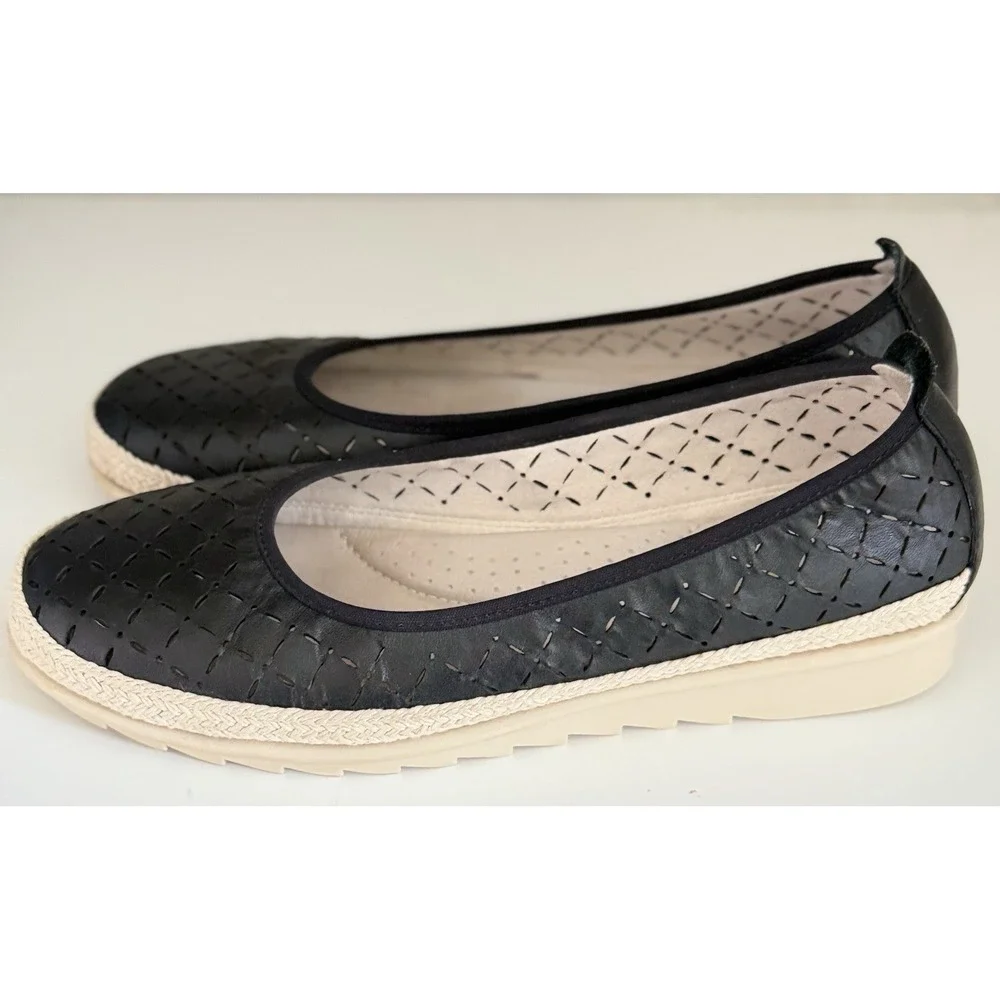 Enjoiya Women's Cut Out Slip‎ On Black Beige Espadrille Look Size 40 US 9 - 9.5